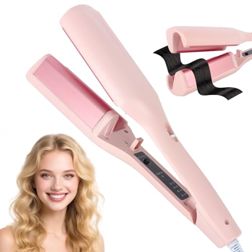 HIULLEN Piastra Onde per Capelli, 32 mm Ferro Arricciacapelli, Piastra Onde Larghe, Piastra per Capelli Mossi con 4 Temperatura, Riscaldamento Rapido Beach Waves per Capelli Lunghi E Corti(Rosa)