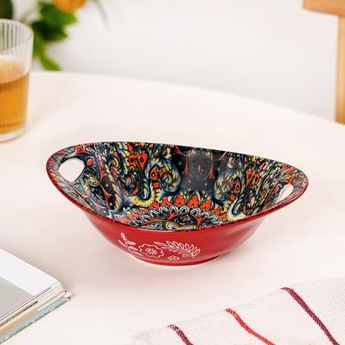 Image of Nestasia Mandala Ceramic Serving Bowl with Handles (400 ml) - Microwave & Dishwasher Safe Pasta Bowl | Floral Bowl with Glossy Finish - Ideal for Soup, Curries, Snacks, Salad & Noodles (Red)