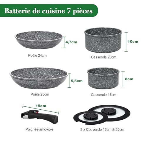 Batterie de cuisine 7 pièces induction en céramique grise durable avec finitions soignées