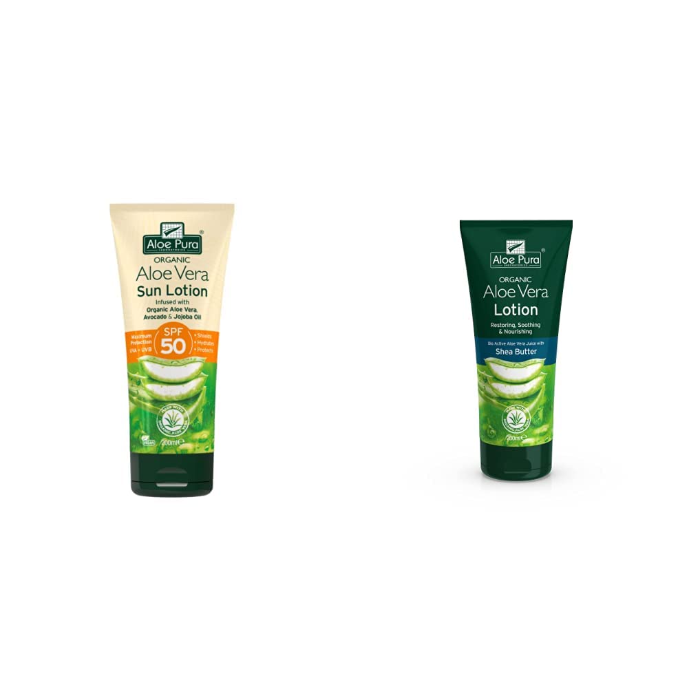 Aloe Pura, Organic Aloe Vera Sun Lotion SPF 50, Natural, Vegetarian, Maximum Protection, 200ml &, Organic Aloe Vera Lotion, Natural, Vegetariang, 200ml