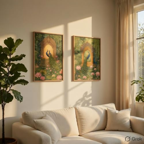 Image of Livin'luxe Royal Peacock Garden Wall Painting Set of 2 with Wooden Frames | Mughal Palace Peacock Artwork HD Sparkle Laminated MDF Wall Decor | Traditional Indian Wall Art for Living Room Bedroom