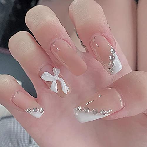 Feilisa French Fake Nails Luxury Long Press on Rhinestone Nails White Square Acrylic False Nails With Glue Sticker Prom Women's Nails 3D Bow False Nail - Tips 24 pcs