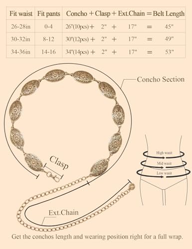 Image of TOPACC Western Metal Concho Belt for Women Cowgirl Chain Belts for Dresses Jeans Country Concert Outfit
