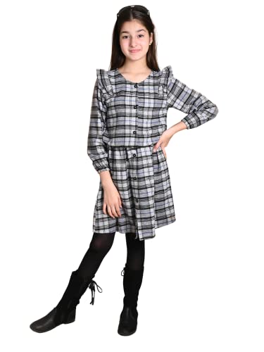 Image of LILPICKS Girls Checkered Print Button Down Long Sleeve Fit n Flare Dress (Grey Black)