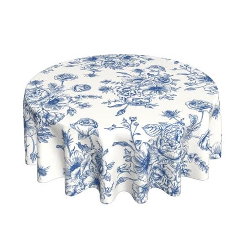 Sorktse Blue Floral Tablecloth Round 60 x 60 Inch Chinoiserie Flowers Table Cloth Polyester Fabric Vintage Spring Summer Farmhouse Table Cover for Kitchen Party Dining Picnic Outdoor Decor