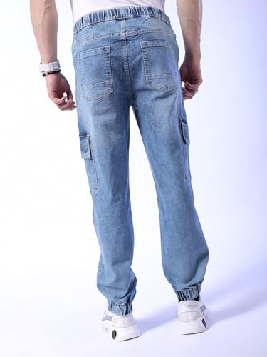 Image of The Indian Garage Co Men Regular Fit Solid Mid-Rise Stretchable Denim Cargo Joggers