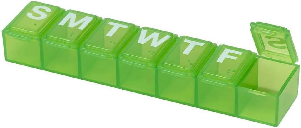 Weekly (7-Day) Daily Pill Case, Medicine Planner, Vitamin Organizer, Supplement Container Box, Small Compartments, Travel Friendly and Convenient, Color May Vary (Randomly Selected), BPA Free