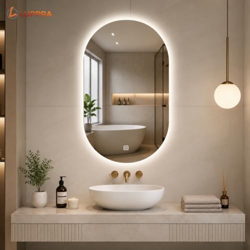 Image of LED Bathroom Mirror 12x18 Inch - Smart Wall Mounted Vanity Mirror with Touch Sensor, 3 Color Dimmable Lights & Anti Fog Glass