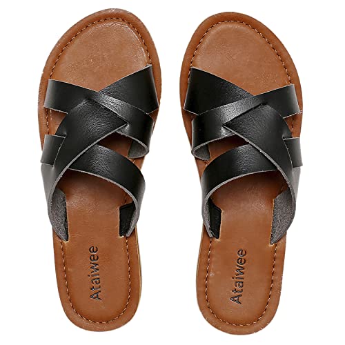 Ataiwee Women's Slide Sandals - Criss Cross Strappy Open Toe Vegan Leather Summer Shoes.(1908001-2,Bk/Pu,12) #TOP23