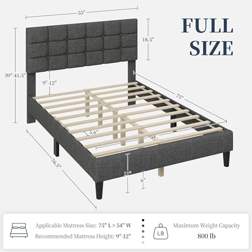 Yaheetech Full Size Upholstered Tufted Bed Frame with Headboard, Dark Gray | Sturdy engineered wood frame with linen fabric upholstery features a soft tufted headboard for easy assembly and support - Image 3