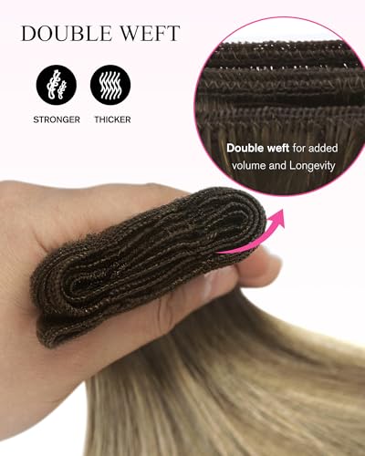 Image of YoungSee Human Hair Weft Extensions Ombre Sew in Extensions Balayage Weft Hair Extensions Human Hair Walnut Brown Ombre Light Brown with Blonde Balayage Hair Wefts Remy Hair 20 Inch 100g