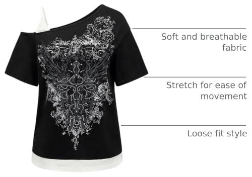 Image of SOLY HUX Women's Plus Size Y2k Tops Gothic Graphic Tees Trendy Short Sleeve Asymmetrical Neck T Shirts