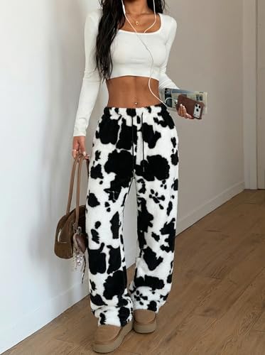 Image of ZAFUL Women's Fuzzy Plush Pajama Pants Wide Leg Pj Bottoms Lounge Pants