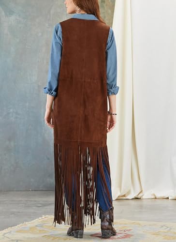 cffvdiz Women's 70S Outfits Western Fringe Vest Faux Suede Slim Sleeveless Long Vest Cardigan Shawl Jacket3