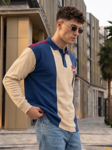 Image of Veirdo Men's Loopknit Cotton Oversized Baggy Fit | Full Sleeve Polo T-Shirt | Casual Streetwear with Ribbed Cuffs Travel | Sizes: S to XXL