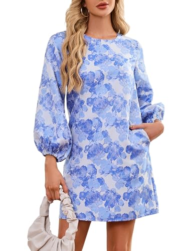 Ladyful Women's Long Sleeve Floral Mini Dress Jacquard Elegant Party Shift Short Dress with Pockets
