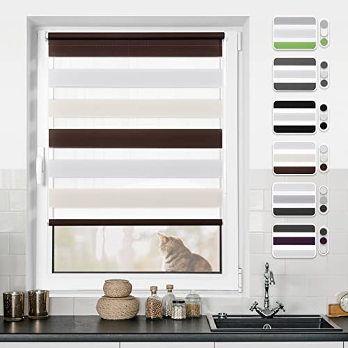 Doppelrollo Klemmfix ohne Bohren Rollos für Fenster ohne Bohren mit Bohren Weiß-beige-braun 80x110cm(BxH)-Stoffbreite 76cm Rollo Fensterrollo Klemmrollos Fensterrollo innen lichtdurchlässig