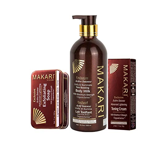 Makari Exclusive Skin Toning 3 PC. GIFT SET â€“ Complete Skin Lightening, Brightening & Toning Regimen with 16.8oz Toning Milk, 1.7oz Cream, 7oz. Exfoliating Soap & Decorative Gift Box
