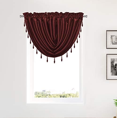 Duck River Textile Sensations Beaded Trim Waterfall Curtain Valance Set for Small Kitchen Window, Cafe, Bath, Laundry or Bedroom, 50 X 37 Inch, Burgundy