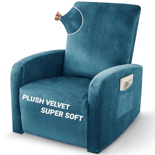 Image of ZNSAYOTX 2026 Velvet Small Recliner Cover 3-Piece, Luxury Plush Recliner Chair Covers with Elastic Band & Ties Stay in Place, Stretch Reclining Slipcover for Lazy Boy Soft Washable (Peacock Blue)
