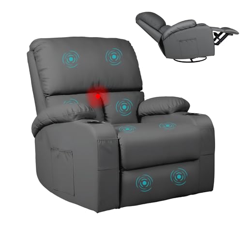 Image of LEVELEVE Rocking Recliner Chair, Massage Rocker Recliner Chair with Vibration Massage and Heat,USB and Type-C Ports, 360 Swivel Faux Leather Chairs, Living Room, Bedroom, Nursery, RV, Dark Grey