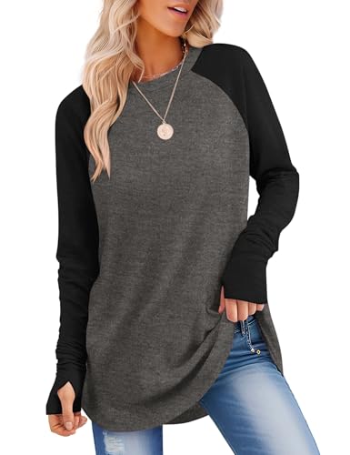VVK Tunic Tops to Wear with Leggings Color Block Casual Long Sleeve Shirts Fall Fashion Trendy Basic Tees Must-Have (Gray Black, XL)