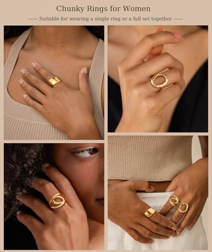 ZOERAY Chunky Gold Rings for Women Non Tarnish Stackable Statement Ring | 14K Gold Plated, Stacking Thumb Ring Set, Signet Open Twist Dome Band Rings, Gold Jewelry Gifts for Women, Size 5 6 7 8 9 10