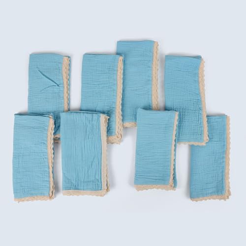 Image of FINGERCRAFT Cloth Napkins Set of 8, 20x20 Inch, Soft Cotton Muslin Dinner Napkins with Lace Edge, Reusable Washable Table Napkins for Wedding, Party, Dining & Home Decor (Aqua Marine)