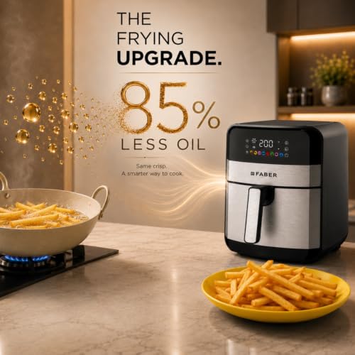 Image of Faber 7L 1600W Digital Air Fryer | Fry, Bake, Roast, Toast, Defrost, Grill & Reheat | 85% Less Oil, 360 Air Cooking | 8-Preset Menu, LED Display & Touch Control| Non-Stick Pan | FAF EVA 7.0L BK