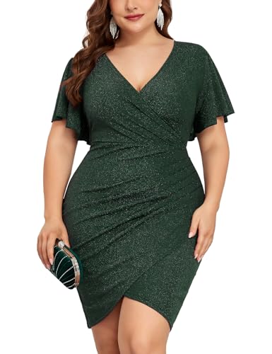 Image of ZOMVA Plus Size 0X-4X Sparkly Glitter Ruched Bodycon Mini Dress Sparkle Sequin Wrap Ruffle Sleeve Dress Cocktail Party Formal