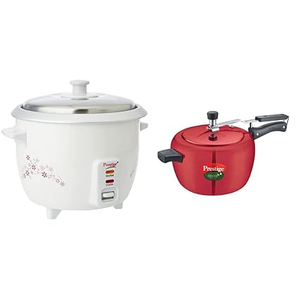Prestige Delight PRWO 1-Litre Electric Rice Cooker (White) + Prestige Apple Plus Inner Lid Aluminium Pressure Cooker, 5 Litres, Red