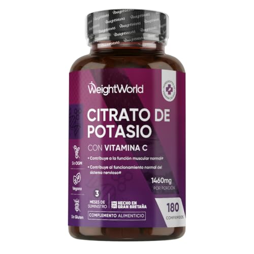 Citrato de Potasio 1460mg, 180 Comprimidos Veganos con Vitamina C, 3 Meses de Suministro - 500mg de Potasio Activo, Contribuye al Funcionamiento Normal de los Músculos (EFSA), Sin Gluten ni OGM