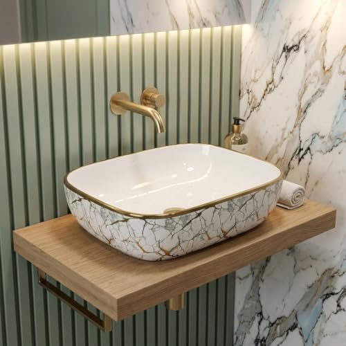 Image of Luxurious Golden Table Top for Bathroom /Ceramic Bathroom Wash Basin /Countertop Wash Basin /Vessel Sink (13x18 Inch)