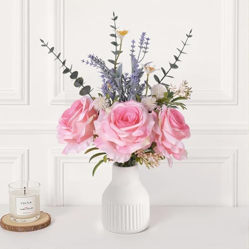 Artificial Flowers in Vase, Silk Roses Flowers Artificial Eucalyptus Lavenders Small Daisies and Fake Plants in White Ceramic Vase, Faux Flowers for Coffee Table Décor, Spring Decorations for Home