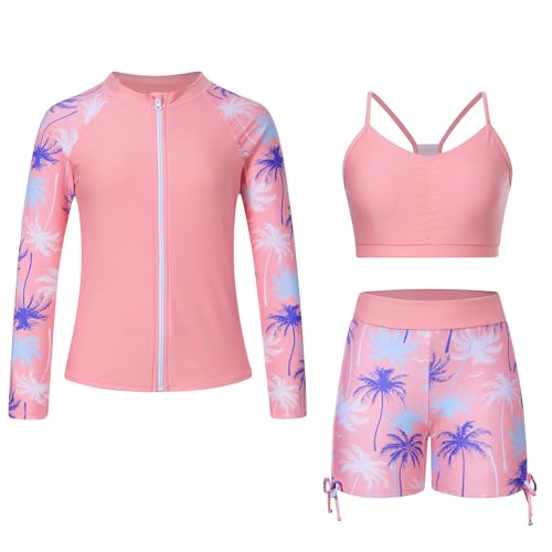 Image of Funnycokid Girls Swimsuit 3 Pieces Zip Rash Guard Bathing Suits Set Kids Bikini Boyshort Summer Swimwear 3-14 Years