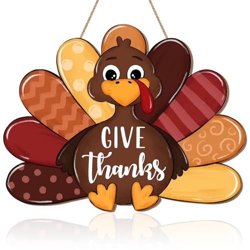 Give Thanks Turkey Door Sign Thanksgiving Decorations Cute Turkey Welcome Wooden Hanging Sign Wood Autumn Fall Harvest Thankful Wall Plaque Wreath Hanger Decor for Home Yard Porch Brown