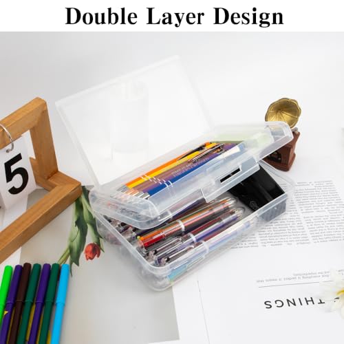 Image of Pencil Case, Double Layer Large Capacity Plastic Pencil Box, Clear Crayon Box, Hard Pen Boxes with Snap-tight Lid, Storage Art Craft Box Marker Organizer for Kids Boys Offices School Supplies