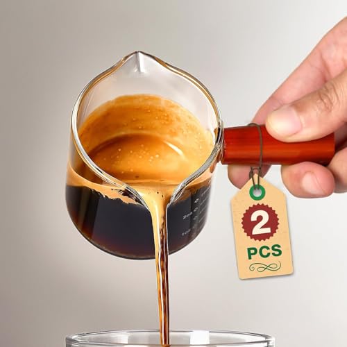 2 Pack Espresso Measuring Cups Glass, Small Measuring Double Shot Glass with Wood Handle, Clear Accessories, Coffee Measuring Cup, with V-Shaped Mouth, Milk Pitcher