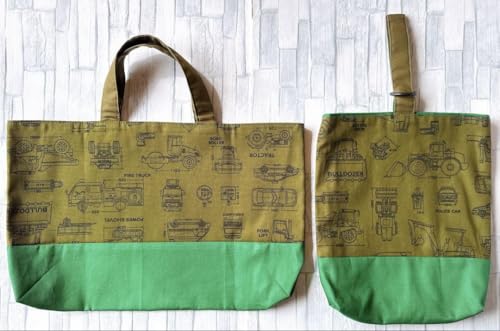 【asa】はたらく車のレッスンバッグ　シューズバッグ　内布キルティング レッスンバッグ キルティング リアル 働く車 と 標識 工事車両