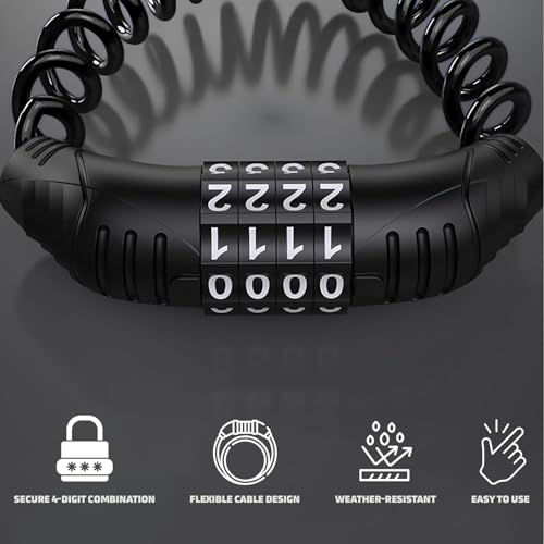 Image of Pivalo 4-Digit Combination Cable Lock Anti-Theft Heavy Duty Coiled Security Lock for Bike, Helmet, Cycle & Luggage (Black, 1 Pack)