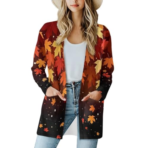 Image of Fall Maple Leaf Cardigan Sweaters for Women Long Sleeve Cardigan Soft Drape Open Front Dusters V-Neck Jackets Dressy