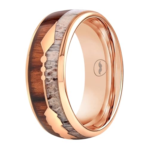 Men's Rose Gold Tungsten Carbide Wedding Band- Premium Tungsten Ring With Deer Antler, Koa Wood & Gold Arrow Inlay - Includes Silicone Band, Leather Drawstring Pouch & Luxury Walnut Box