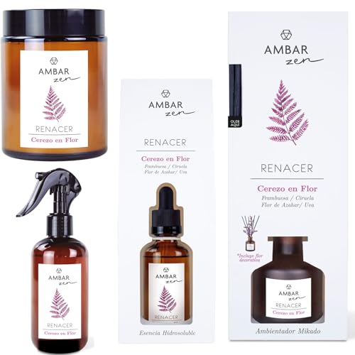 Pack de Aromatización Cerezo en flor Frambuesa, Ciruela, Flor de Azahar y Uva- Spray 225ml,Esencia Humidificador 50ml y Mikado 40ml +vela aromatica Fragancia para el Hogar Aromaterapia