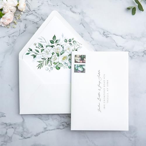 PONATIA 50PCS A7 Euro Flap Envelopes, 5.25 x 7.25'' Liner Envelope For 5x7'' Weddings Invitation Cards, Christmas Gift Cards, Acrylic Invitations, Photos (Ivory & White flower) - Thumbnail 4