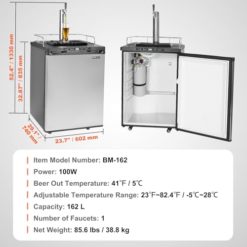 Image of VEVOR Beer Kegerator, Single Tap Draft Beer Dispenser, Full Size Keg Refrigerator With Shelf, CO2 Tank(No Gas), Drip Tray & Rail, 23F- 82.4F Temperature Control, 162L, Silver