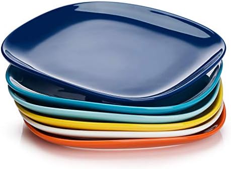 Sweese Porcelain Square Dinner Plates - 10 Inch - Set of 6, Microwave Safe Ceramic Modern Dinnerware Multicolor Kitchen Porcelain Serving Dishes, Hot Assorted Colors