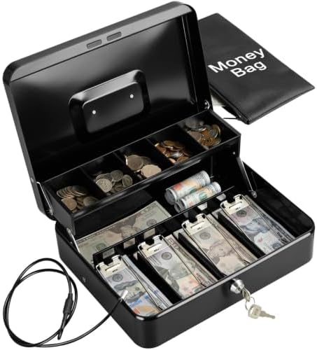 KYODOLED Metal Cash Box with Key Lock, Anti-Theft Cable & Waterproof Pouch