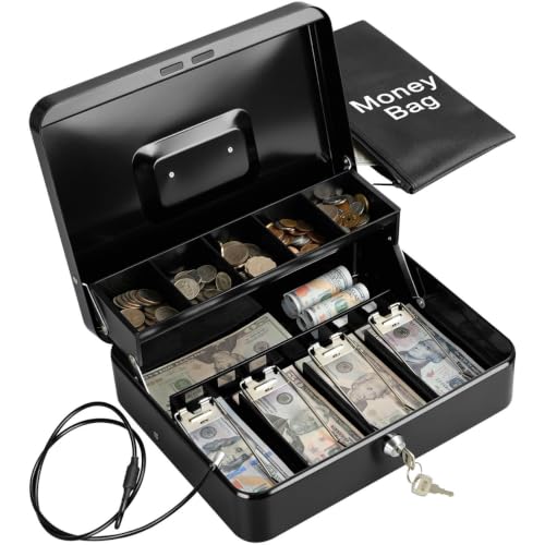 Image of KYODOLED Metal Cash Box with Key Lock, Anti-Theft Cable & Waterproof Pouch | Heavy Duty 0.7mm Steel, Windproof Bill Clips, Hidden Compartment, for Flea Market Vendors & Small Business, 11.8 inch, Black