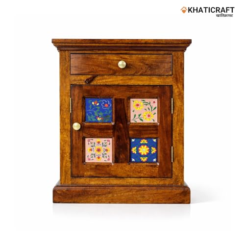 Image of Solid Sheesham Wood Chitra Bedside Table with Drawer and Door Storage for Bedroom | Wooden Nightstand Side Table for Living Room Home and Hotel | Honey Finish