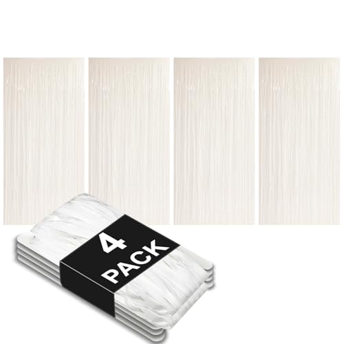 Allgala 4 Pack White Metalic Tinsel Party Photo Backdrop Curtain 3.3x6.6 FT (1x2M) Photo Booth Background Curtains Door Fringe Décor Party Streamer for Birthday Graduation New Year Eve